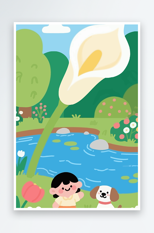 狗孩童花朵图标插画-众图网