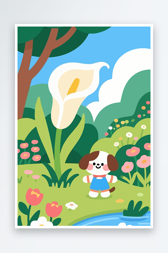 狗孩童花朵图标插画元素-众图网