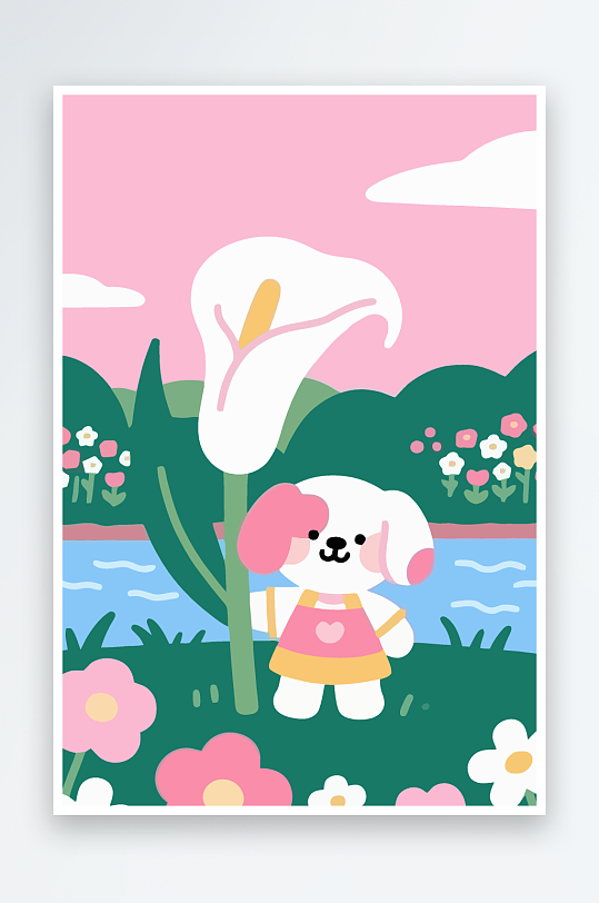 狗孩童花朵图标插画元素-众图网