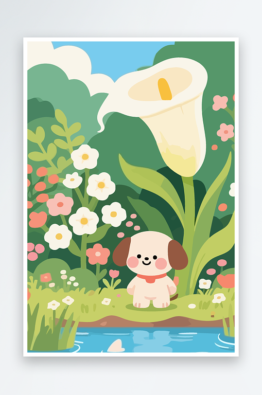 狗孩童花朵图标插画元素-众图网