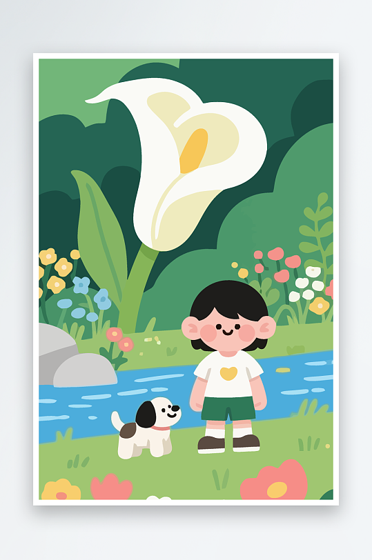 狗孩童花朵图标插画元素-众图网