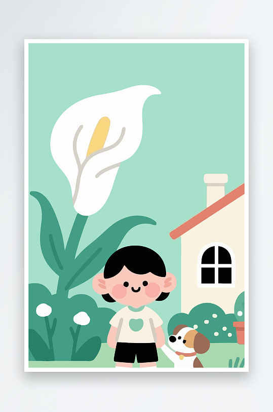 狗孩童花朵图标插画元素-众图网