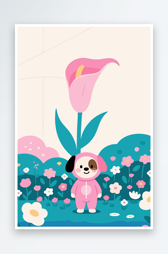 狗孩童花朵图标插画元素-众图网