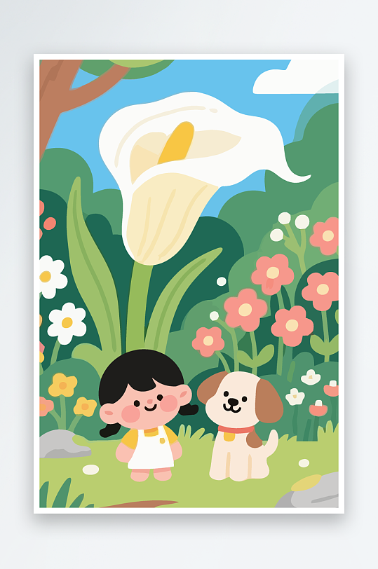 狗孩童花朵图标插画元素-众图网