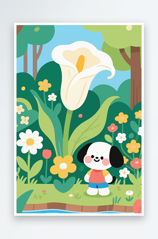 狗孩童花朵图标插画元素-众图网