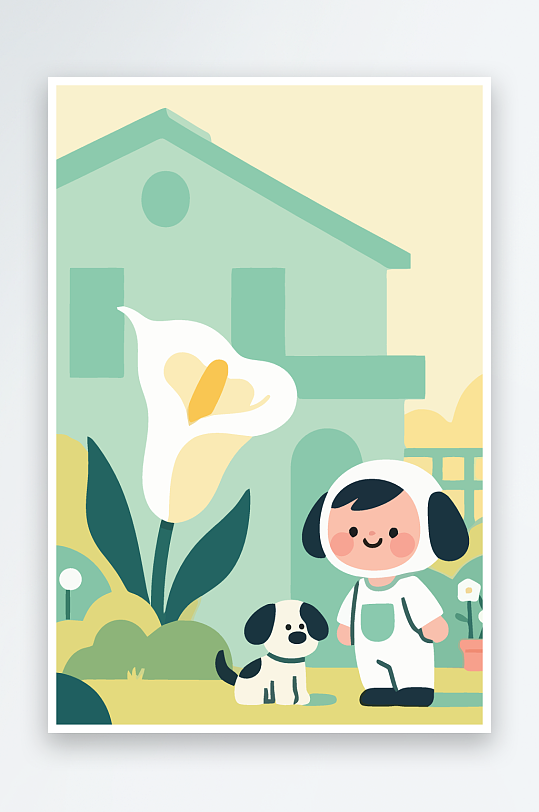 狗孩童花朵图标插画元素-众图网