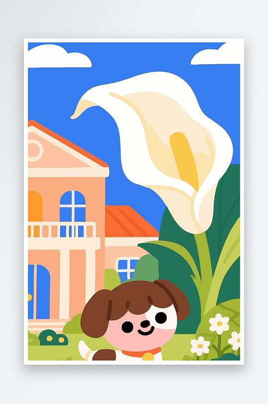 狗孩童花朵图标插画元素-众图网