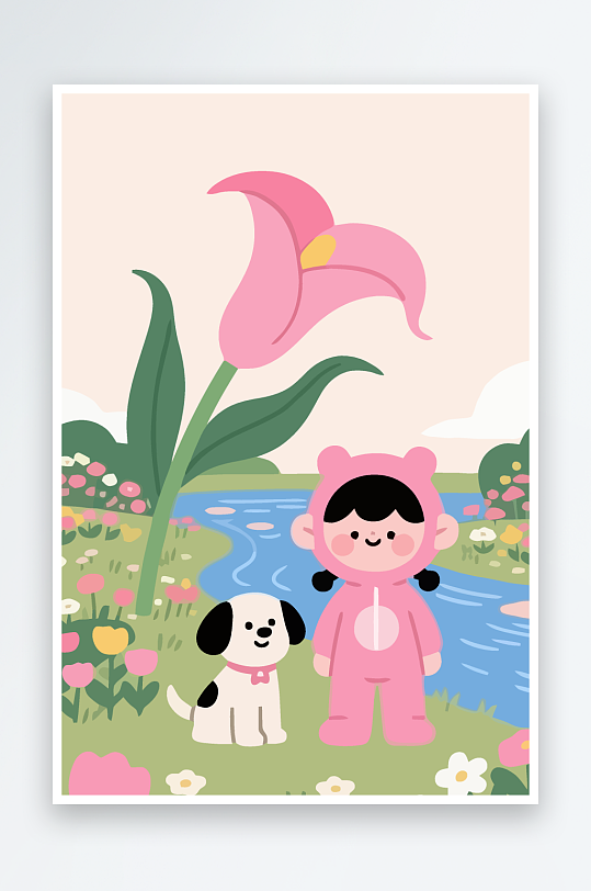 狗孩童花朵图标插画元素-众图网