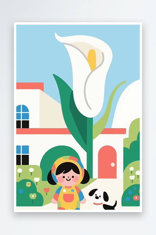 狗孩童花朵图标插画-众图网