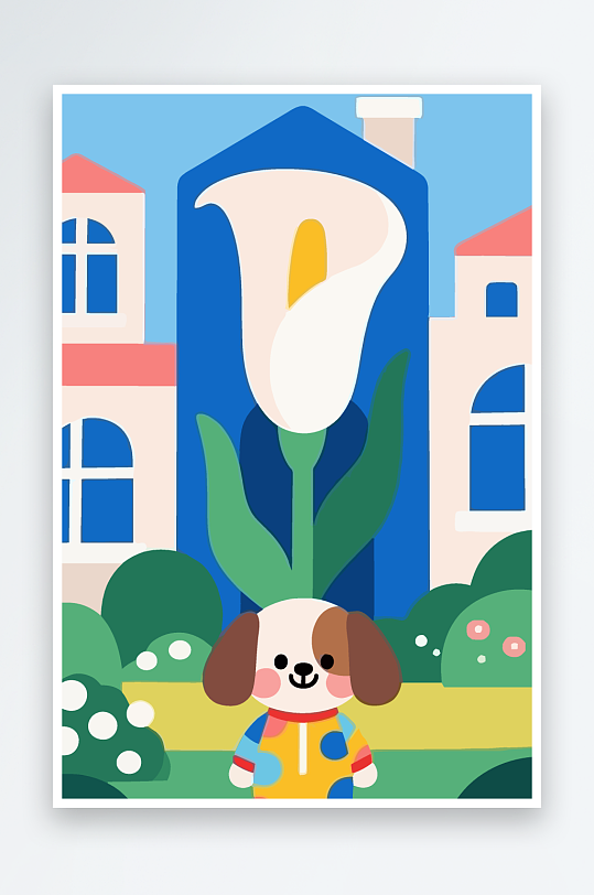 狗孩童花朵图标插画-众图网