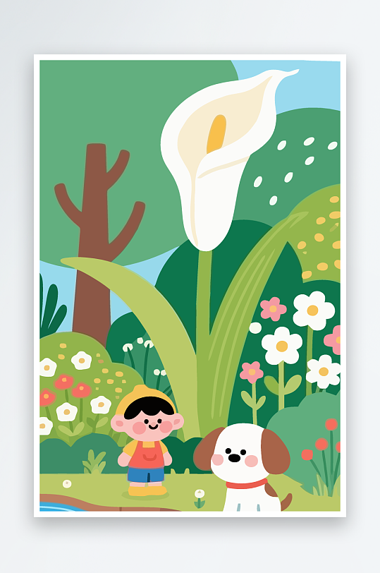 狗孩童花朵图标插画-众图网