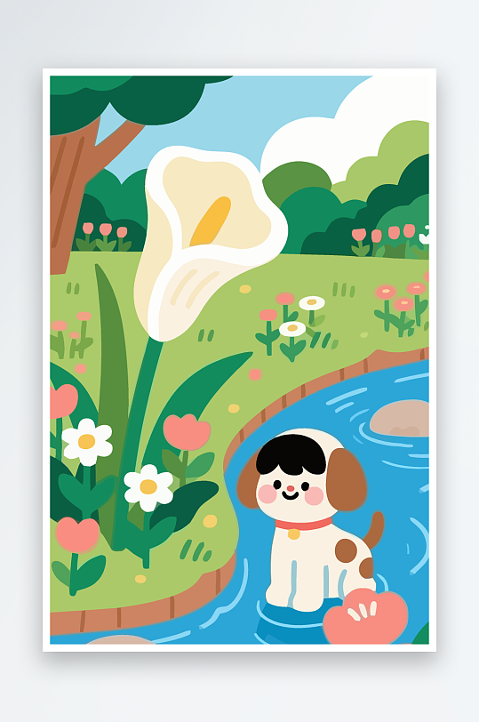 狗孩童花朵图标插画-众图网