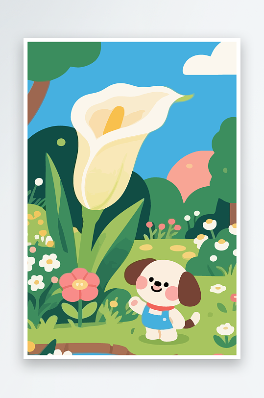 狗孩童花朵图标插画-众图网