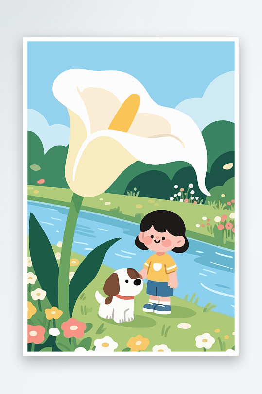 狗孩童花朵图标插画-众图网