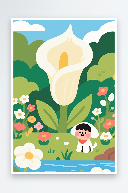 狗孩童花朵图标插画-众图网