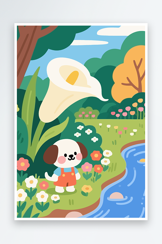 狗孩童花朵图标插画-众图网