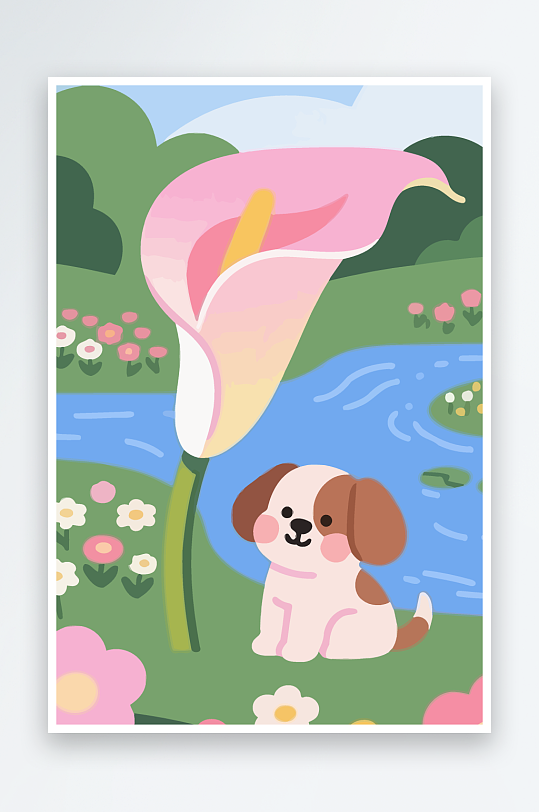 狗孩童花朵图标插画-众图网