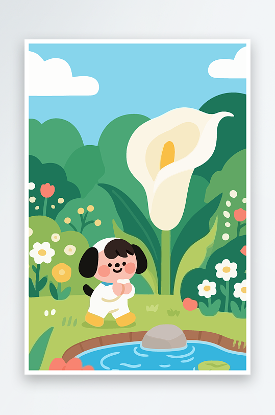 狗孩童花朵图标插画-众图网