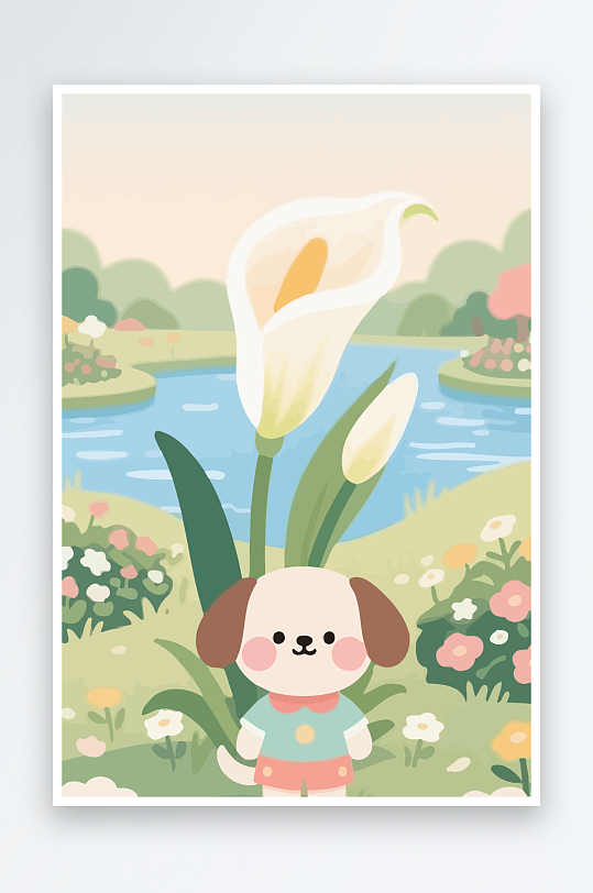 狗孩童花朵图标插画-众图网