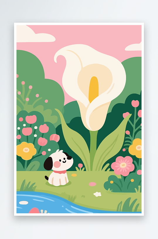 狗孩童花朵图标插画-众图网