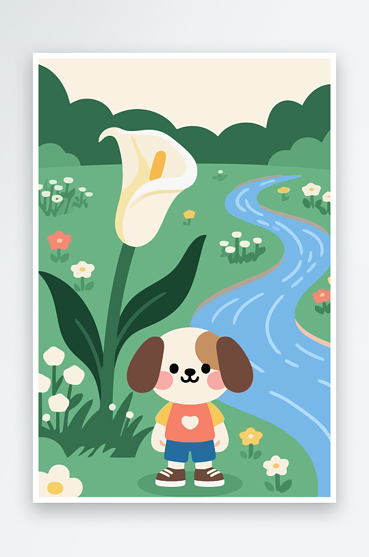 狗孩童花朵图标插画-众图网