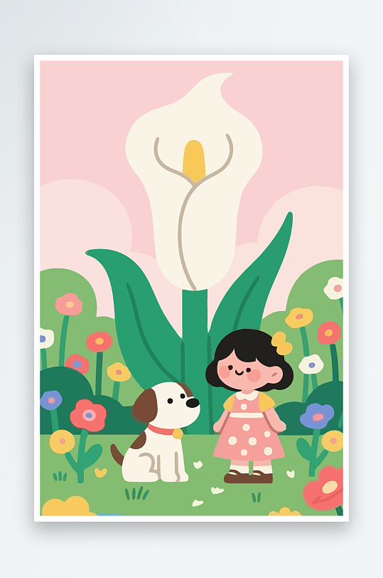 狗孩童花朵图标插画-众图网