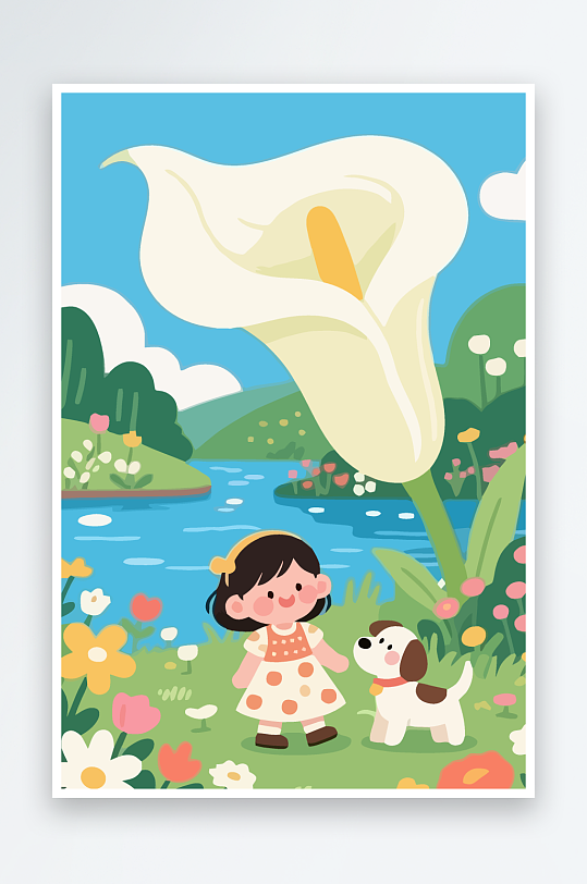 狗孩童花朵图标插画元素-众图网