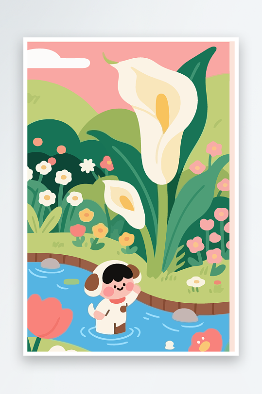 狗孩童花朵图标插画元素-众图网