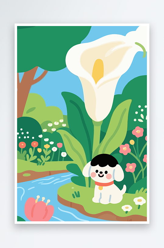 狗孩童花朵图标插画元素-众图网