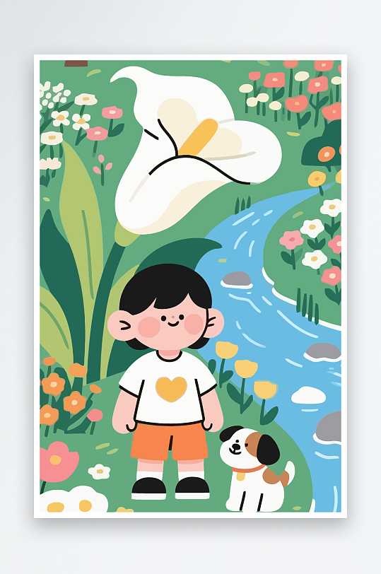 狗孩童花朵图标插画元素-众图网