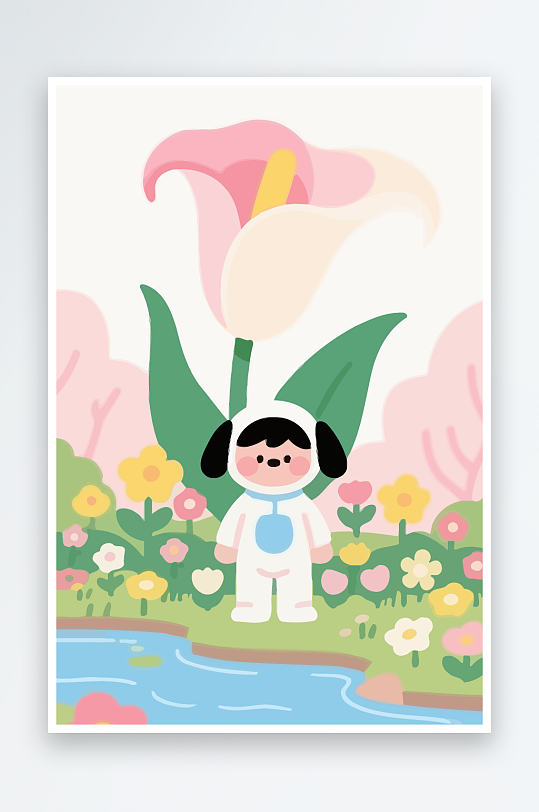 狗孩童花朵图标插画元素-众图网