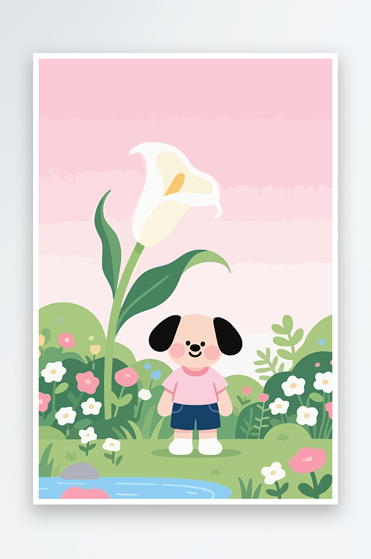 狗孩童花朵图标插画元素-众图网