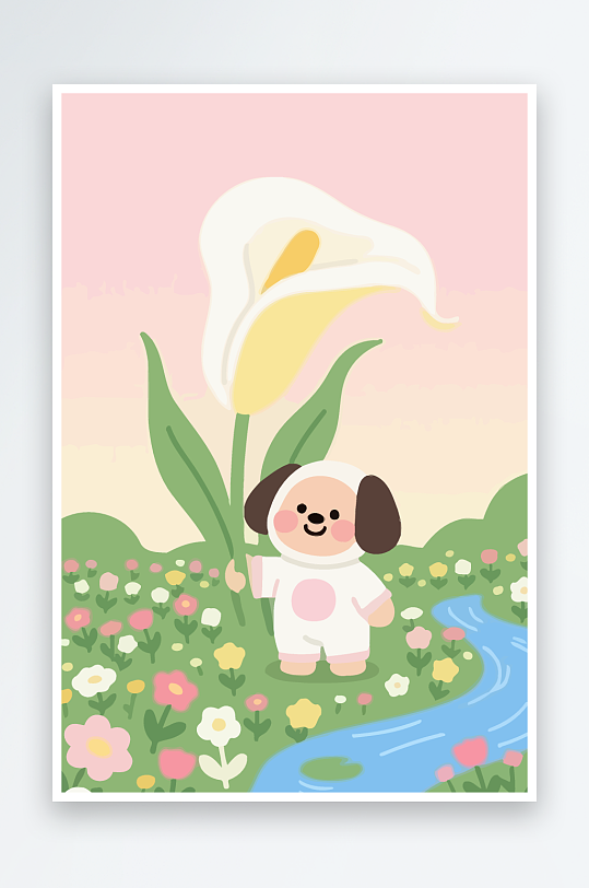 狗孩童花朵图标插画元素-众图网