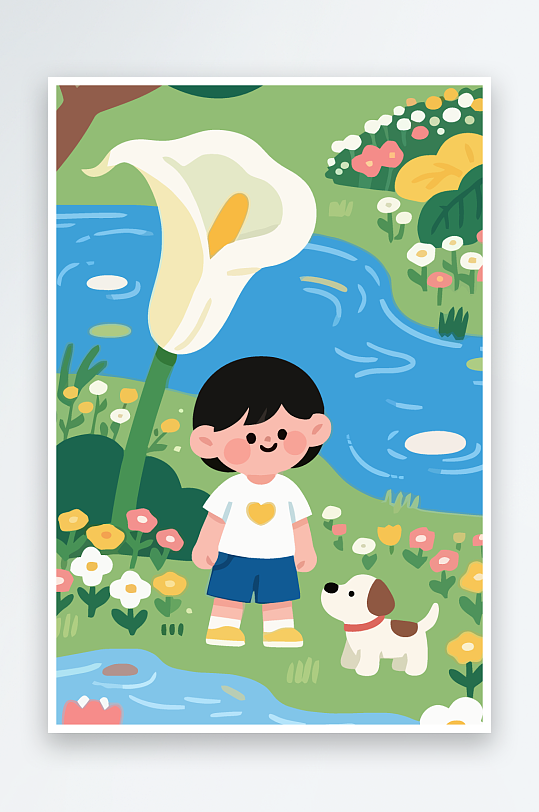 狗孩童花朵图标插画元素-众图网