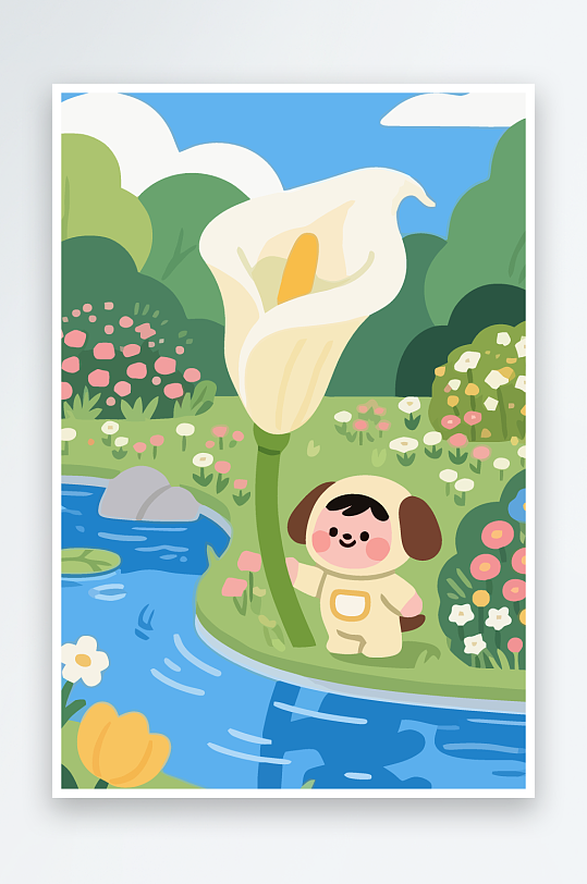 狗孩童花朵图标插画元素-众图网