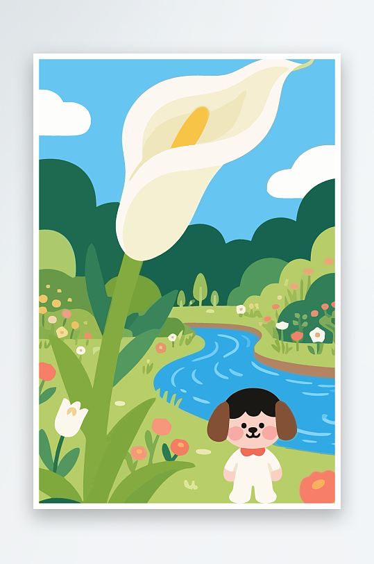 狗孩童花朵图标插画元素-众图网