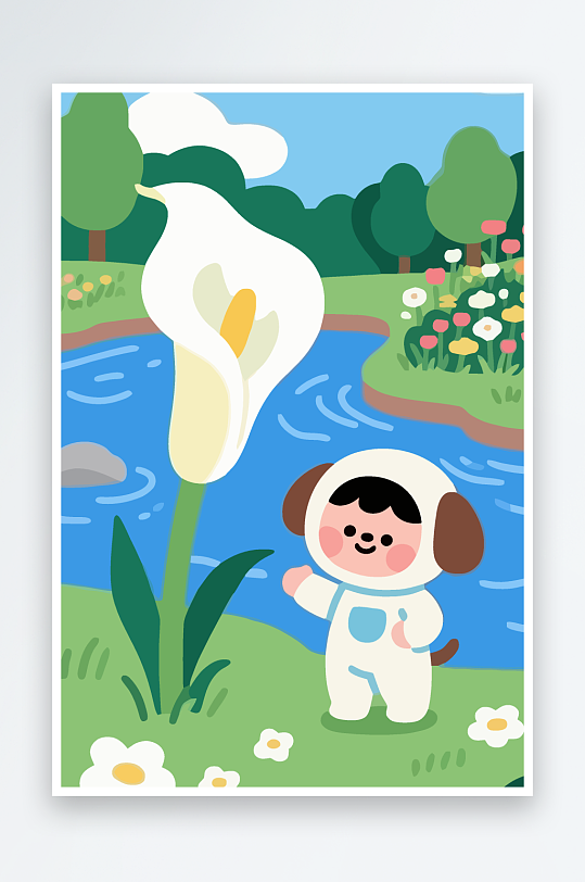 狗孩童花朵图标插画元素-众图网