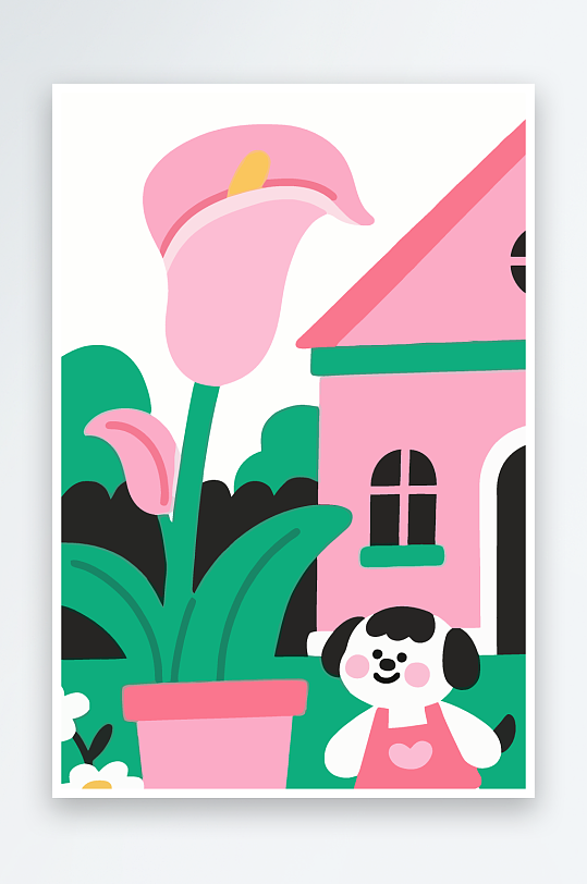 狗孩童花朵图标插画元素-众图网