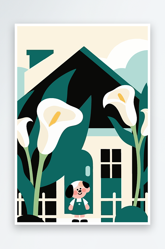 狗孩童花朵图标插画元素-众图网