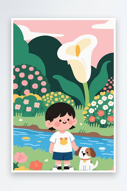 狗孩童花朵图标插画-众图网