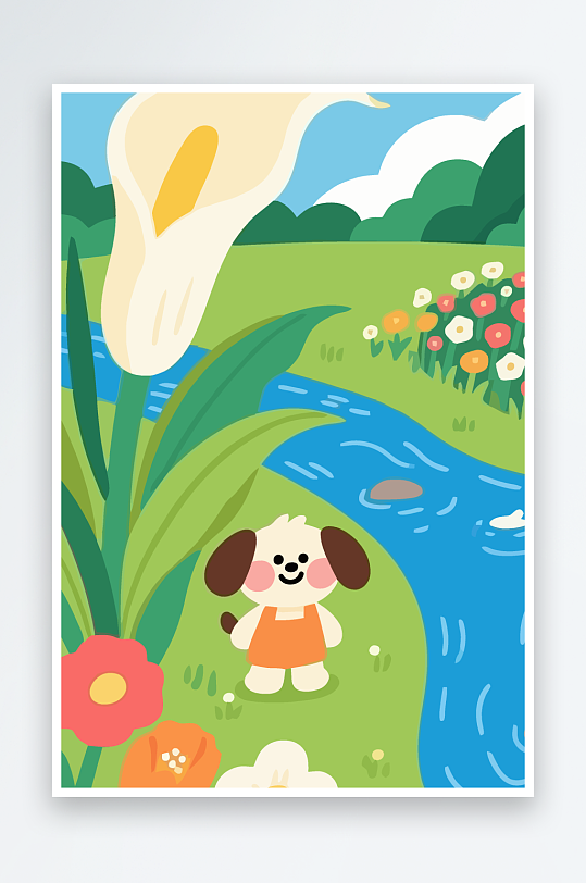 狗孩童花朵图标插画-众图网