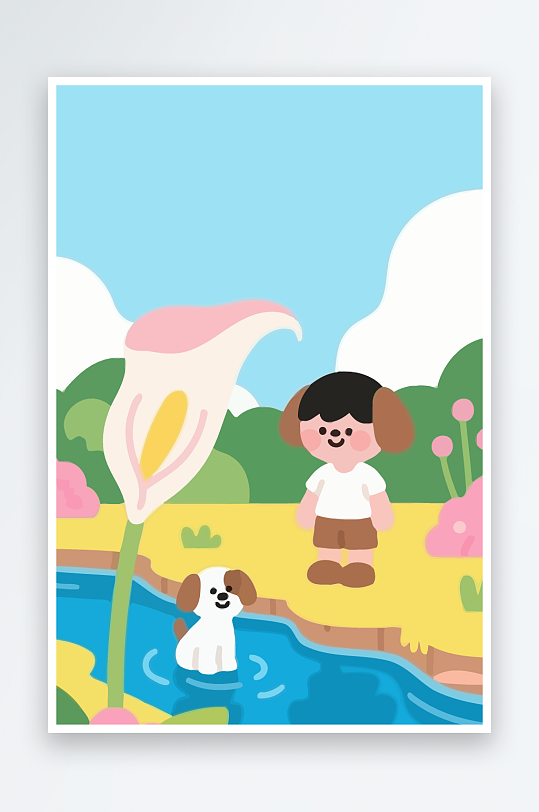 狗孩童花朵图标插画-众图网