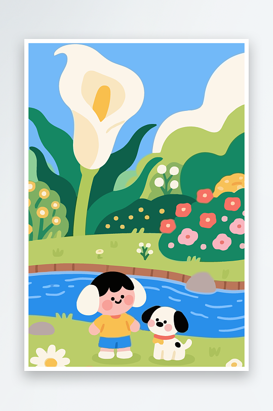 狗孩童花朵图标插画-众图网