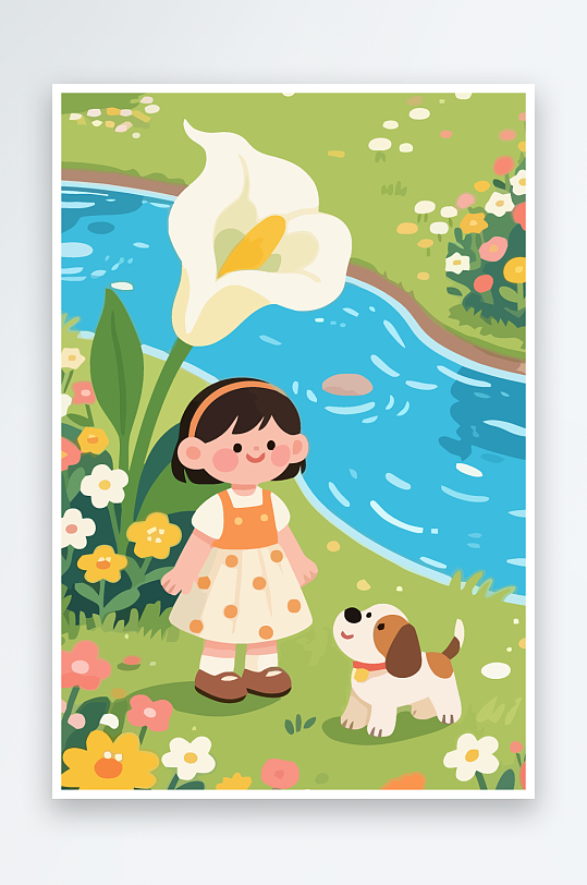 狗孩童花朵图标插画-众图网