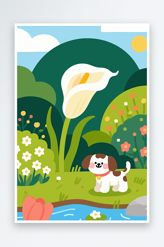 狗孩童花朵图标插画-众图网