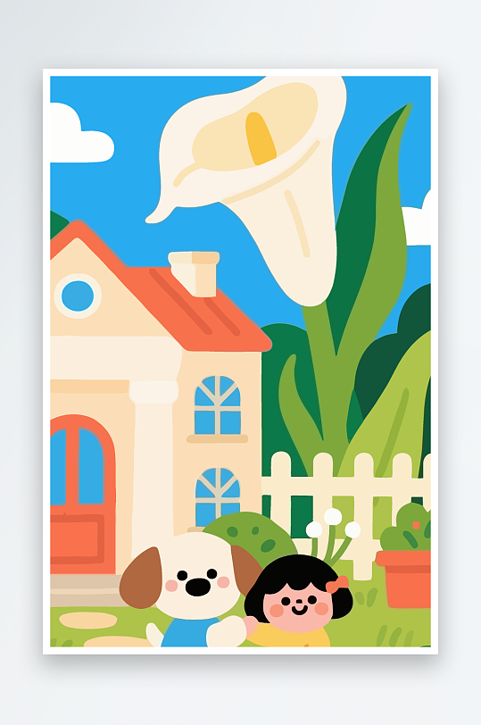 狗孩童花朵图标插画-众图网