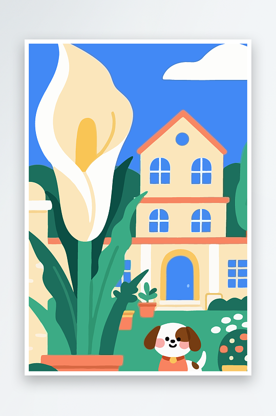 狗孩童花朵图标插画-众图网