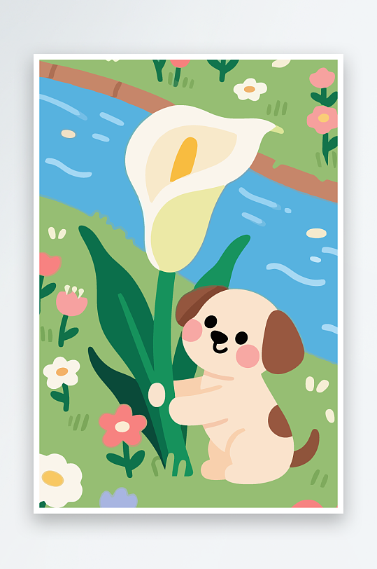 狗孩童花朵图标插画-众图网