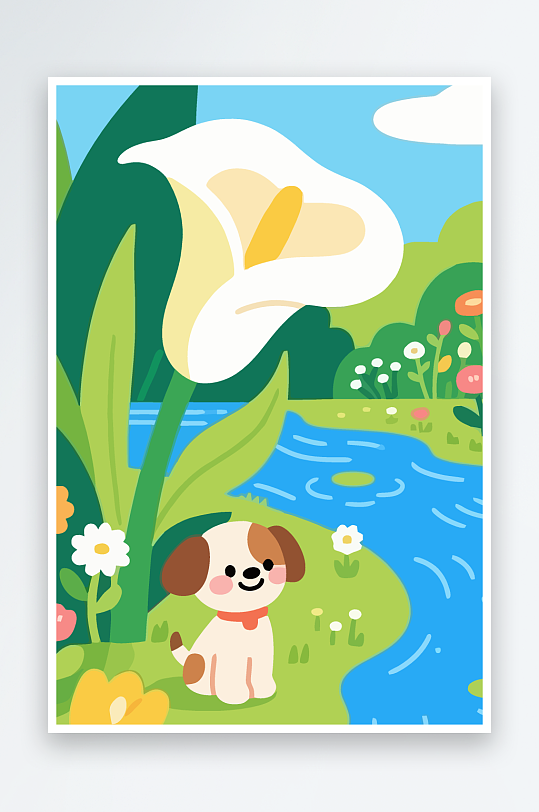 狗孩童花朵图标插画-众图网