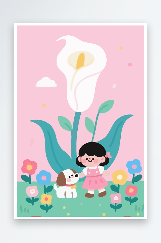 狗孩童花朵图标插画-众图网